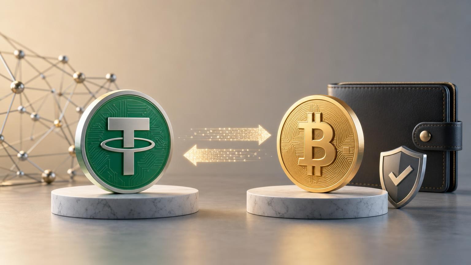 A beginner reviewing a USDT-to-BTC exchange quote, wallet address, network, fees, and expected Bitcoin amount before sending funds